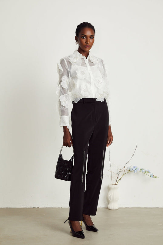 Sandra Crystal Embellished Sheer Shirt in White