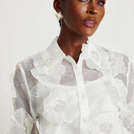 Sandra Crystal Embellished Sheer Shirt in White
