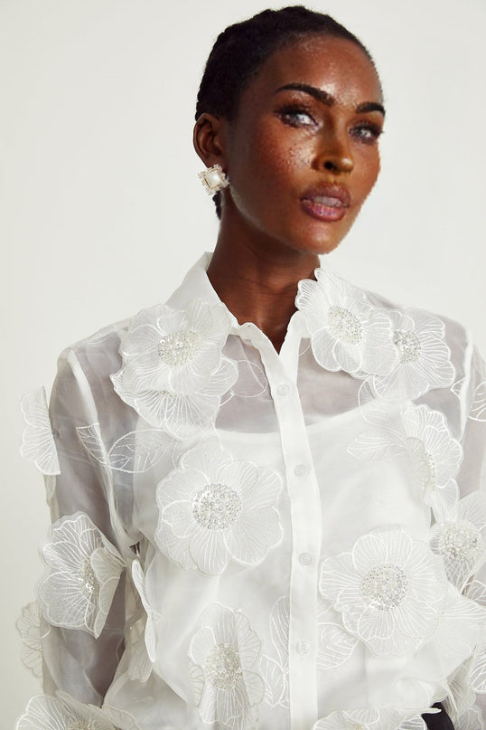 Sandra Crystal Embellished Sheer Shirt in White