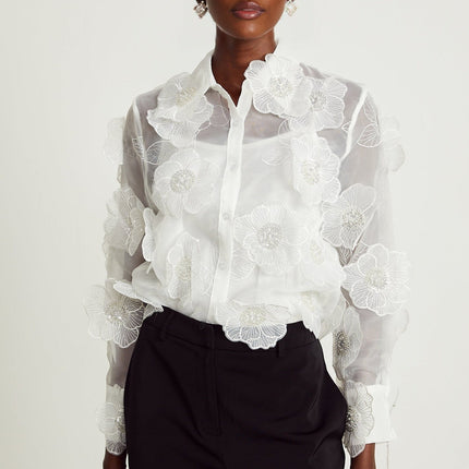 Sandra Crystal Embellished Sheer Shirt White