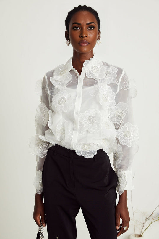 Sandra Crystal Embellished Sheer Shirt White