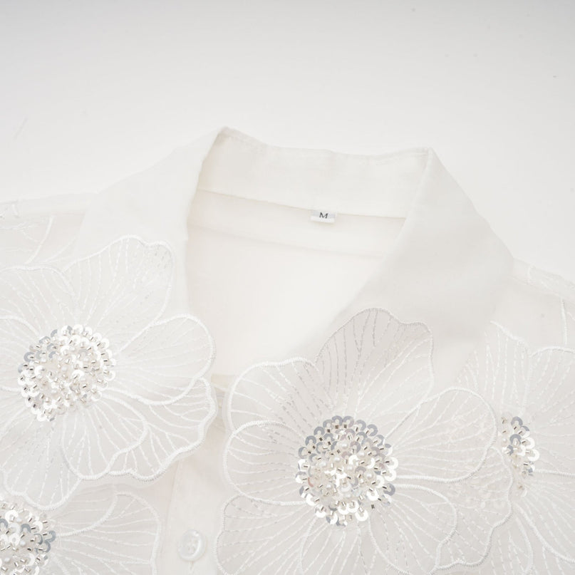Sandra Crystal Embellished Sheer Shirt White
