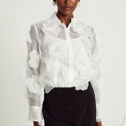 Sandra Crystal Embellished Sheer Shirt White
