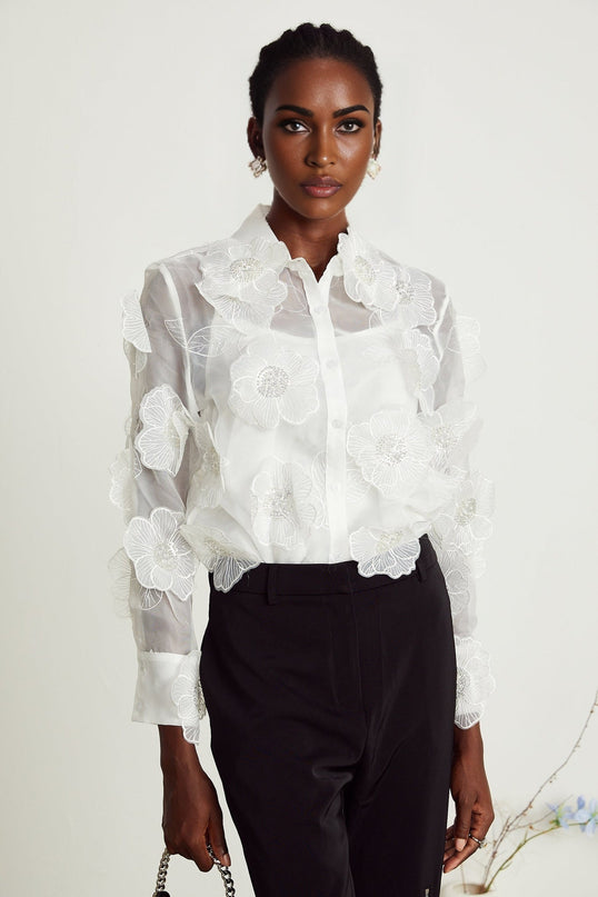 Sandra Crystal Embellished Sheer Shirt White
