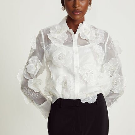 Sandra Crystal Embellished Sheer Shirt White
