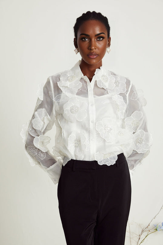 Sandra Crystal Embellished Sheer Shirt White