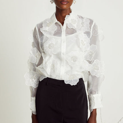 Sandra Crystal Embellished Sheer Shirt White