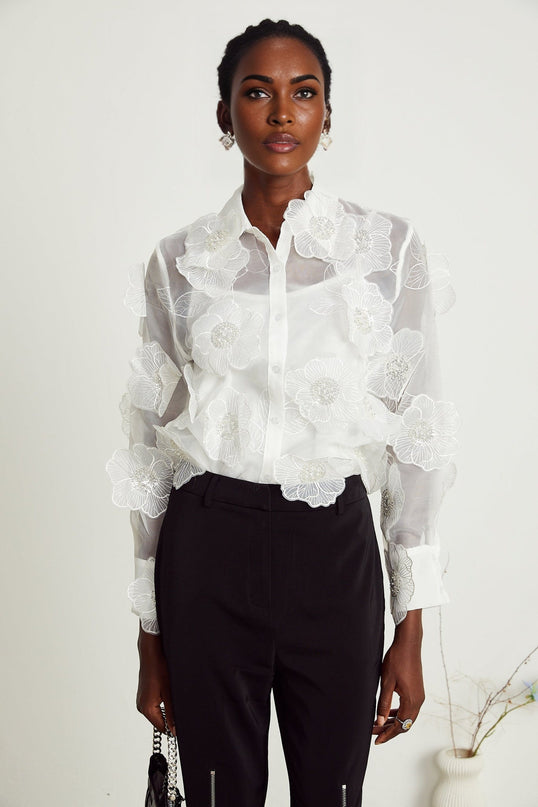 Sandra Crystal Embellished Sheer Shirt White