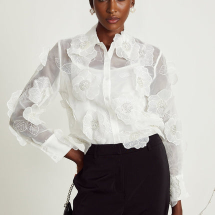 Sandra White Crystal Embellished Sheer Shirt