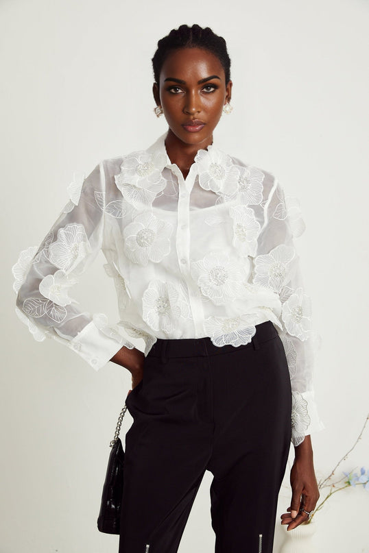 Sandra White Crystal Embellished Sheer Shirt