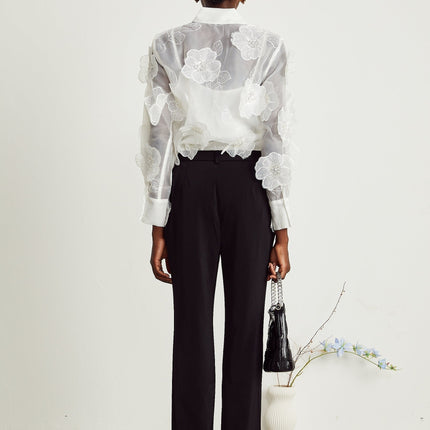 Sandra White Crystal Embellished Sheer Shirt