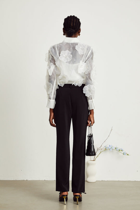 Sandra White Crystal Embellished Sheer Shirt