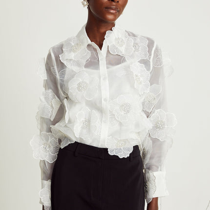 Sandra White Crystal Embellished Sheer Shirt
