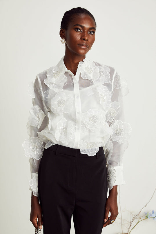 Sandra White Crystal Embellished Sheer Shirt
