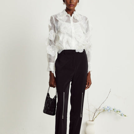 Sandra White Crystal Embellished Sheer Shirt
