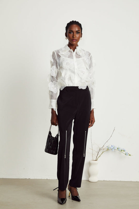 Sandra White Crystal Embellished Sheer Shirt