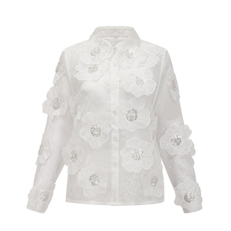 Sandra White Crystal Embellished Sheer Shirt