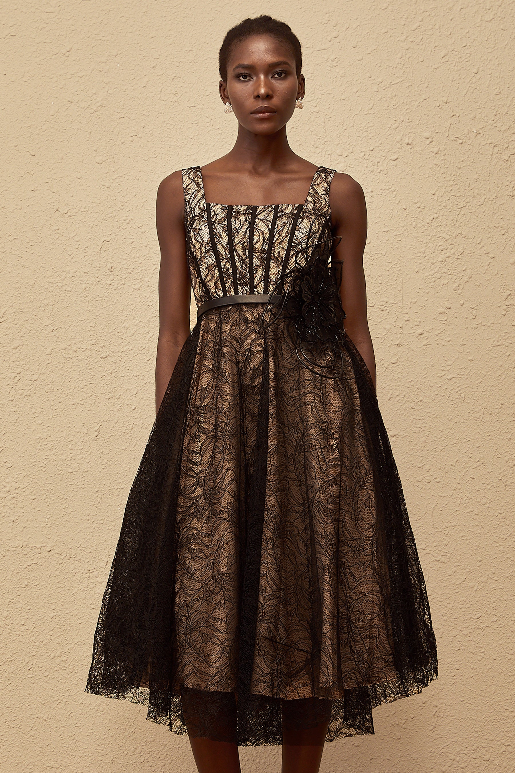 Sandrine Black Floral Lace Midi Dress