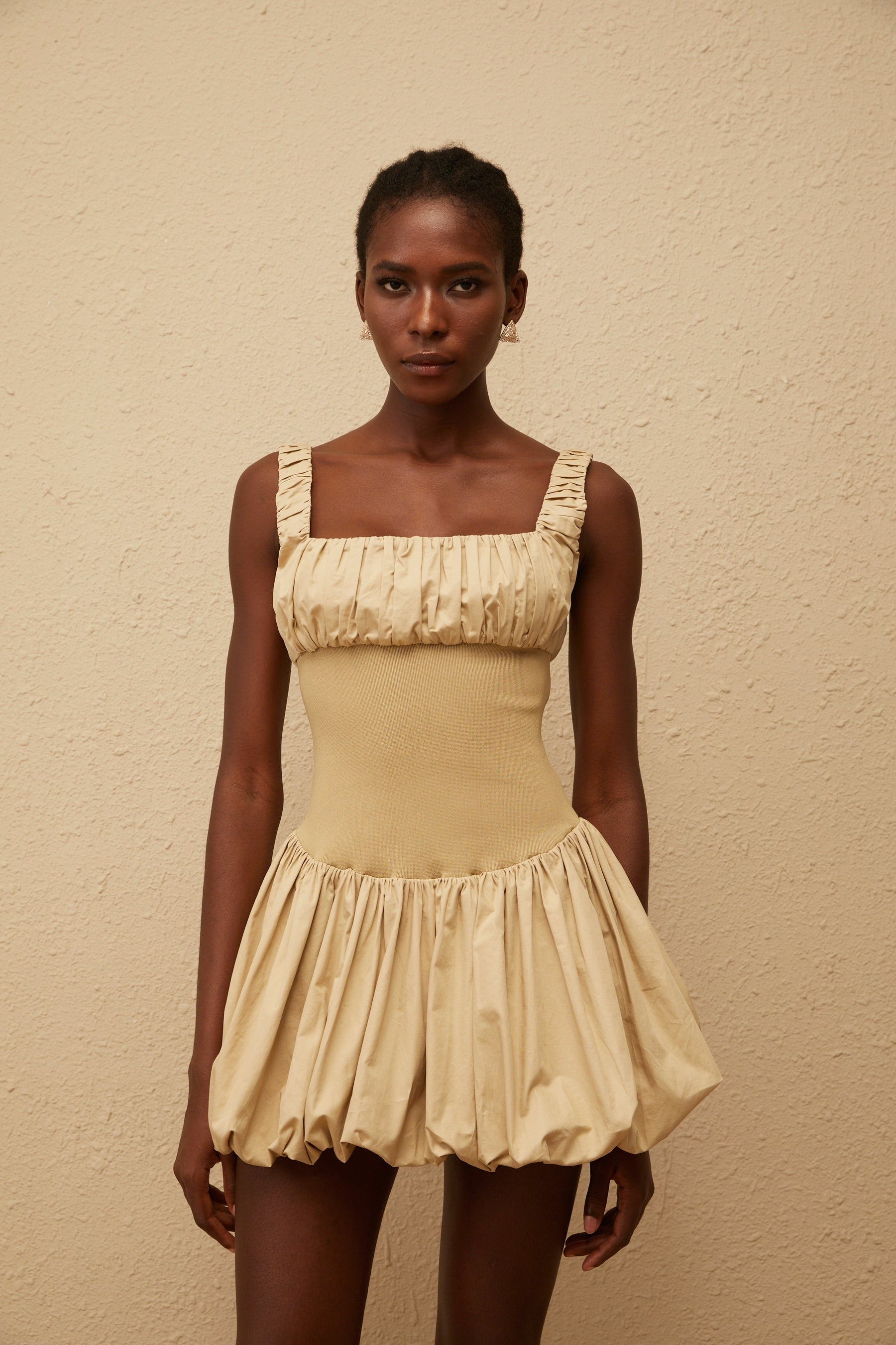 Sandrine Khaki Shirred Bubble Hem Mini Dress