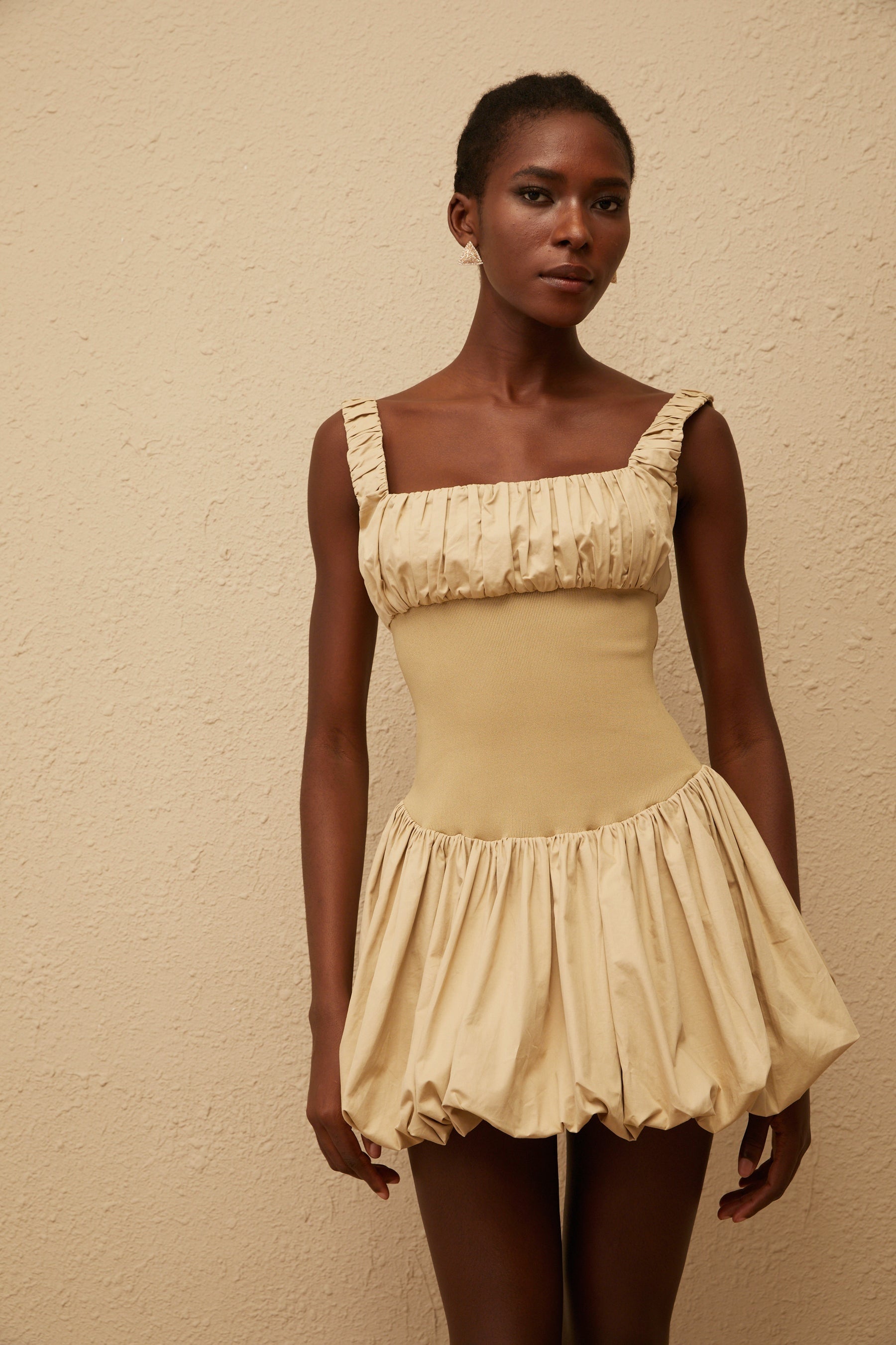 Sandrine Khaki Shirred Bubble Hem Mini Dress