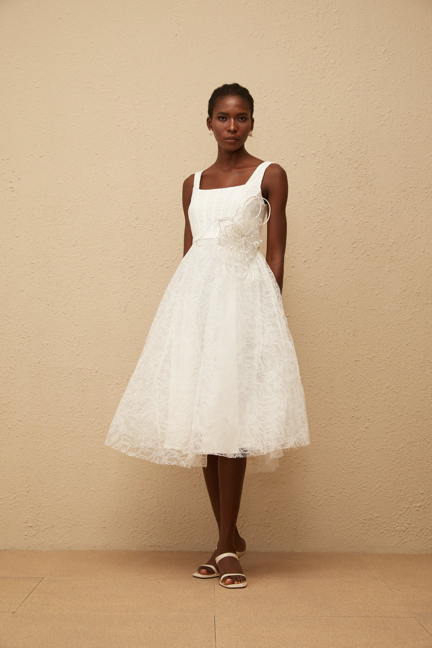 Sandrine White Floral Lace Midi Dress