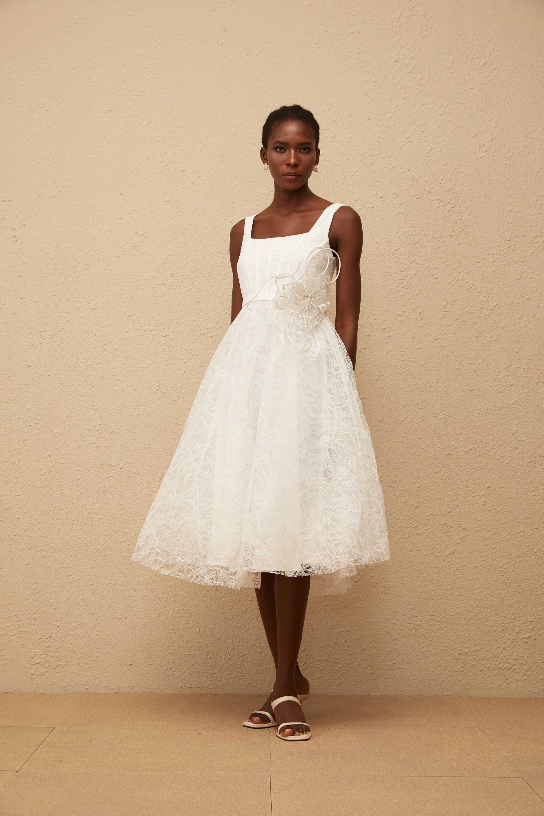 Sandrine White Floral Lace Midi Dress
