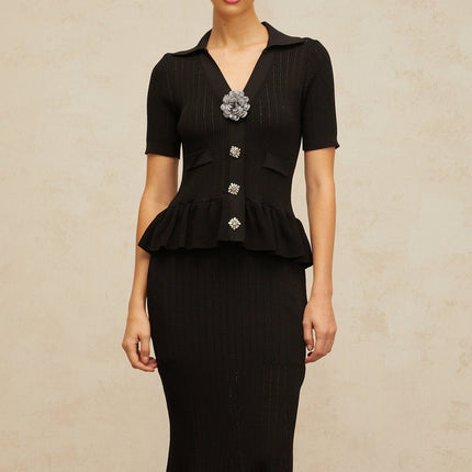 Santa Black Crystal Embellished Peplum Hem Midi Dress