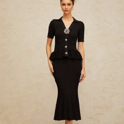 Santa Black Crystal Embellished Peplum Hem Midi Dress
