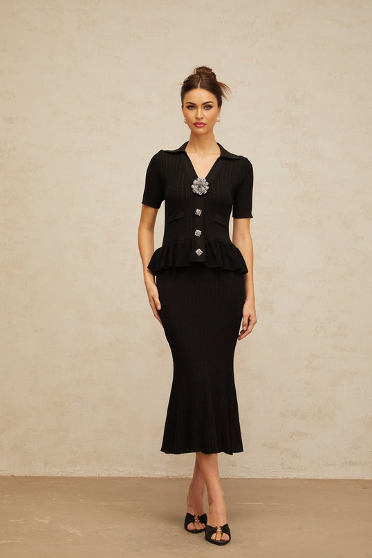 Santa Black Crystal Embellished Peplum Hem Midi Dress