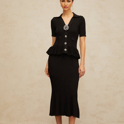 Santa Black Crystal Embellished Peplum Hem Midi Dress