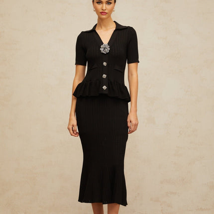 Santa Black Crystal Embellished Peplum Hem Midi Dress