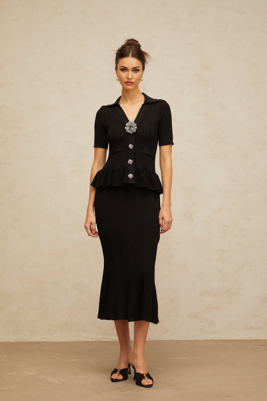 Santa Black Crystal Embellished Peplum Hem Midi Dress