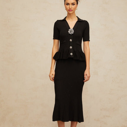 Santa Black Crystal Embellished Peplum Hem Midi Dress