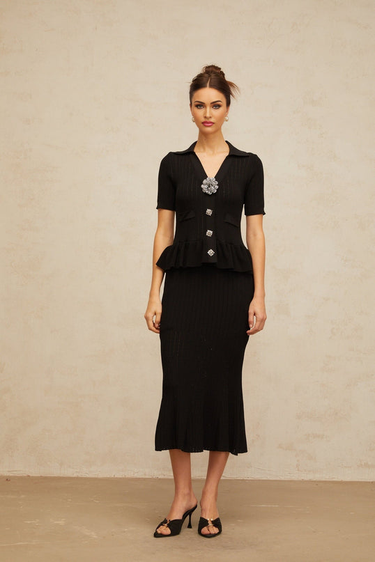Santa Black Crystal Embellished Peplum Hem Midi Dress