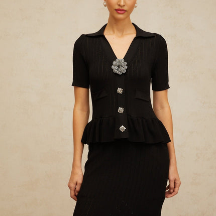Santa Black Crystal Embellished Peplum Hem Midi Dress