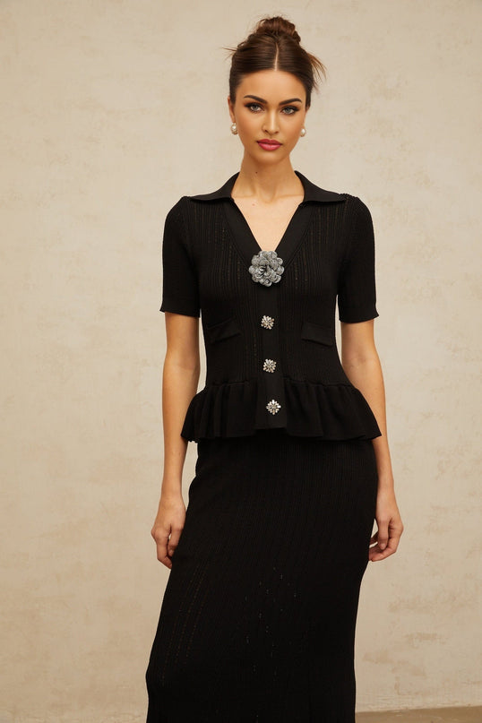 Santa Black Crystal Embellished Peplum Hem Midi Dress