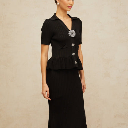 Santa Black Midi Dress Crystal Embellished Peplum Hem