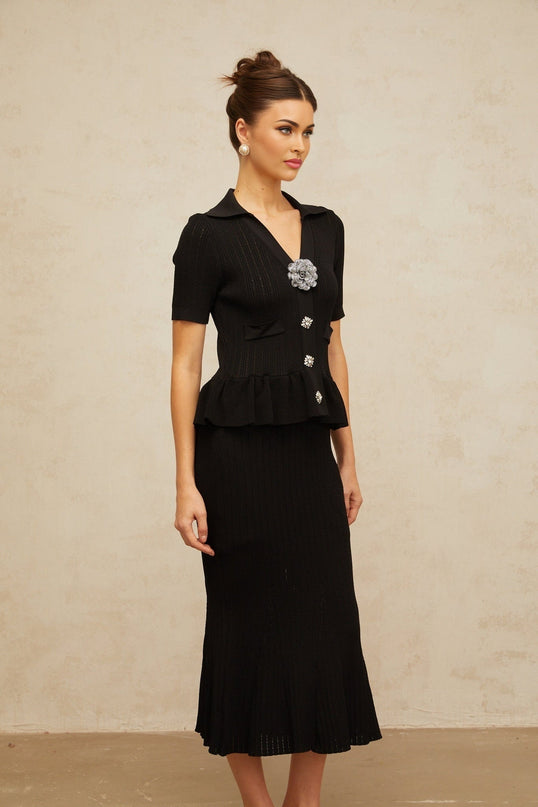 Santa Black Midi Dress Crystal Embellished Peplum Hem