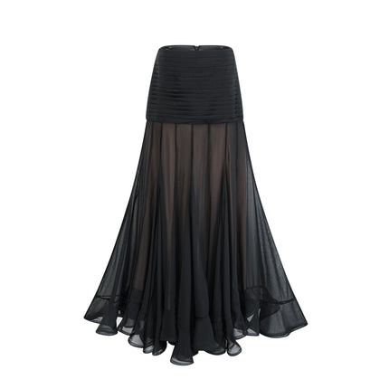 Santa Black Tulle Maxi Skirt with Pleat and Ruched Detailing