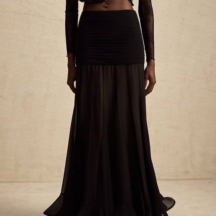 Santa Black Tulle Maxi Skirt with Pleat and Ruched Detailing