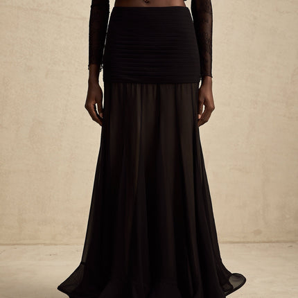 Santa Black Tulle Maxi Skirt Ruched Pleated Ruffled Hem 100 Polyester Elegant Sophisticated Women Fashion Opulent