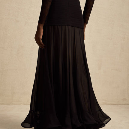 Santa Black Tulle Maxi Skirt Pleated Ruched Ruffled Hem Elegant Sophisticated Polyester Concealed Zip Fastening Opulent Statement Piece