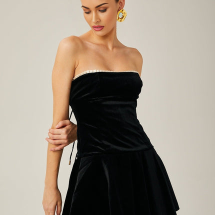 Santa Black Velvet Mini Dress with Pleated Detailing