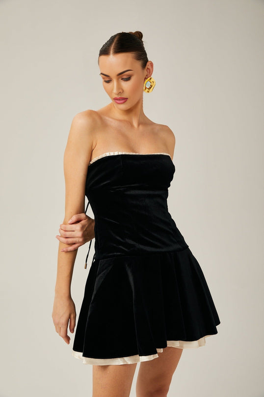 Santa Black Velvet Mini Dress with Pleated Detailing