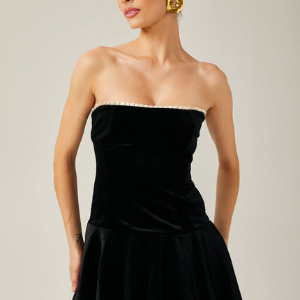 Santa Black Velvet Mini Dress with Pleated Detailing