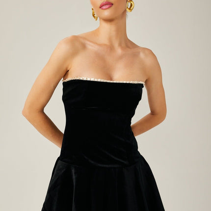 Santa Black Velvet Mini Dress with Pleated Detailing and Corset Style