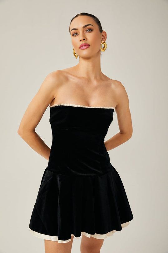 Santa Black Velvet Mini Dress with Pleated Detailing and Corset Style