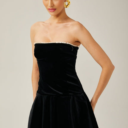 Santa Black Velvet Mini Dress with Pleated Detailing