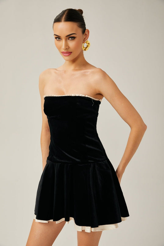 Santa Black Velvet Mini Dress with Pleated Detailing