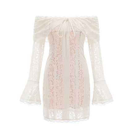 Santa Flared Cuffs Mini Dress Neutrals Lace Off-Shoulder Long Sleeves Cut-Out Rear Zip Straight Hem Mini Length